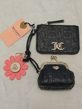 Juicy Couture Black Faux Leather Coin Purse & Card Holder Wristlet Pouch Bag